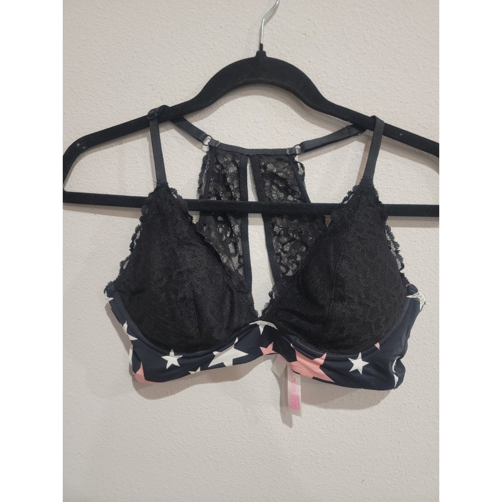 PINK Victoria's Secret Bra Black‎ Lace Stars Lightly Lined Deep V-Neck Size M